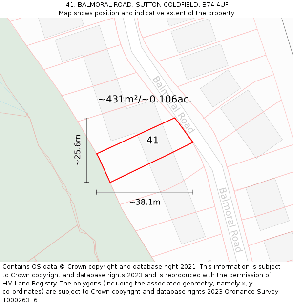 41, BALMORAL ROAD, SUTTON COLDFIELD, B74 4UF: Plot and title map