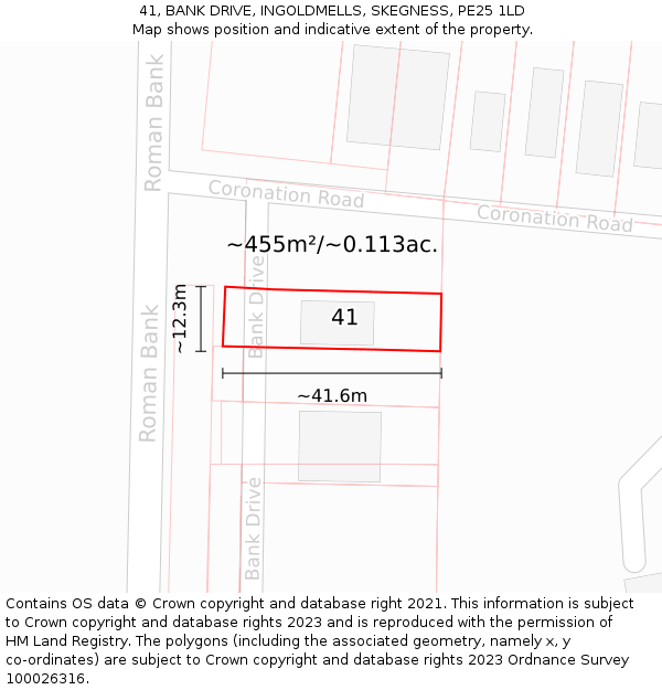 41, BANK DRIVE, INGOLDMELLS, SKEGNESS, PE25 1LD: Plot and title map