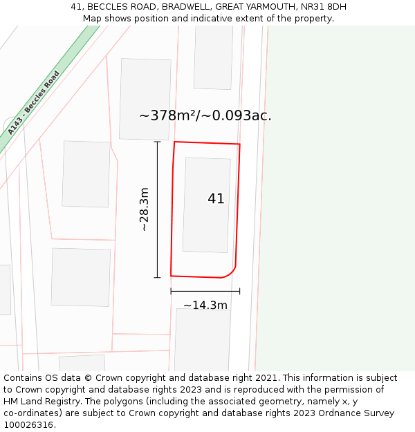 41, BECCLES ROAD, BRADWELL, GREAT YARMOUTH, NR31 8DH: Plot and title map