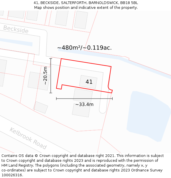 41, BECKSIDE, SALTERFORTH, BARNOLDSWICK, BB18 5BL: Plot and title map