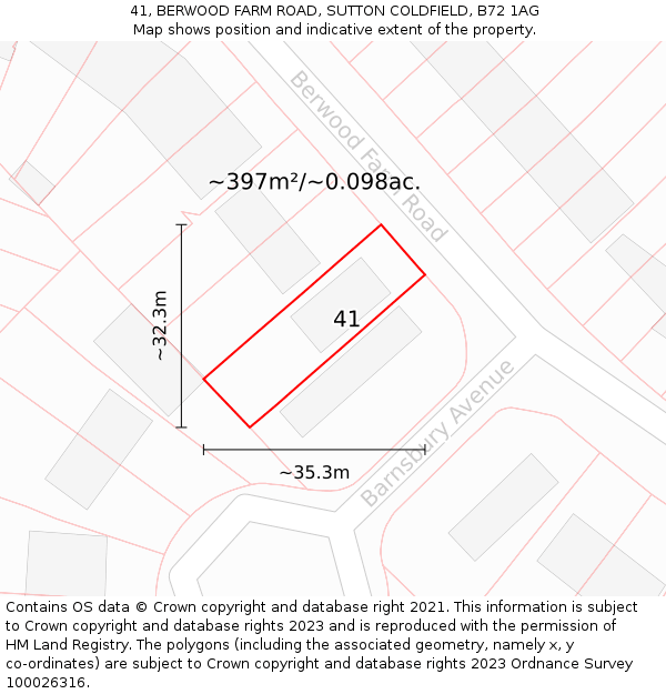 41, BERWOOD FARM ROAD, SUTTON COLDFIELD, B72 1AG: Plot and title map