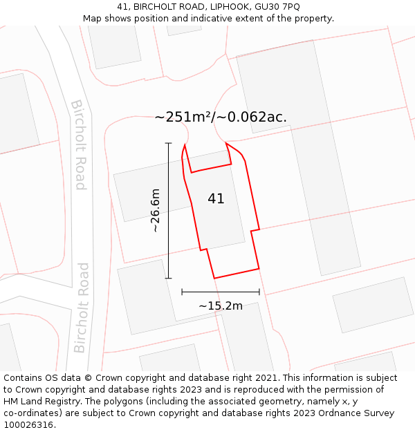 41, BIRCHOLT ROAD, LIPHOOK, GU30 7PQ: Plot and title map