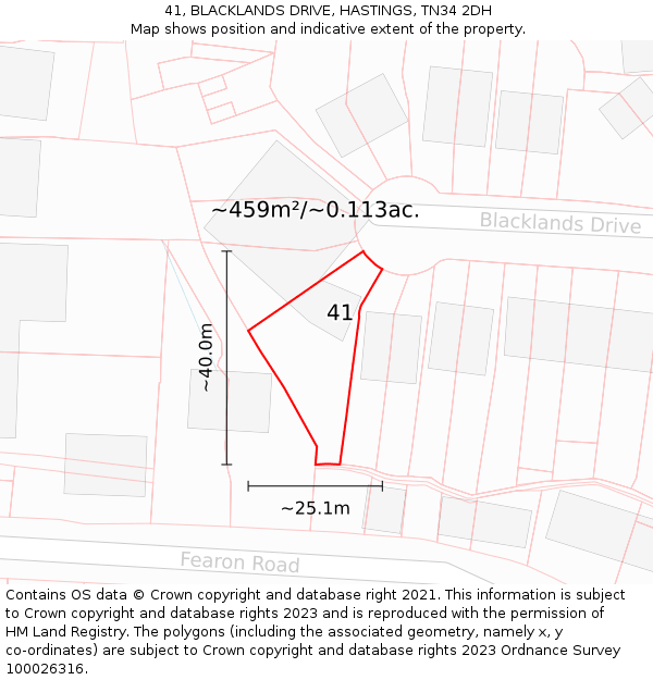 41, BLACKLANDS DRIVE, HASTINGS, TN34 2DH: Plot and title map