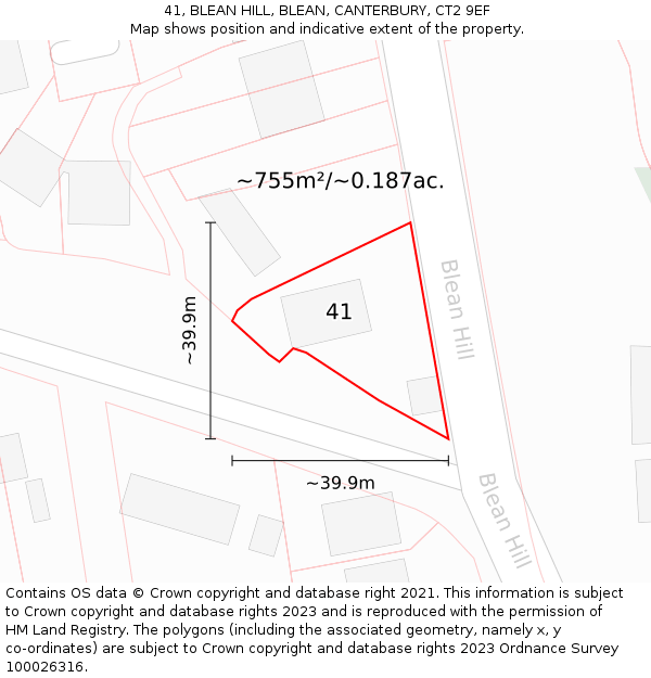 41, BLEAN HILL, BLEAN, CANTERBURY, CT2 9EF: Plot and title map