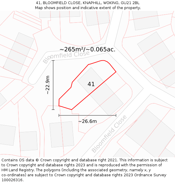 41, BLOOMFIELD CLOSE, KNAPHILL, WOKING, GU21 2BL: Plot and title map