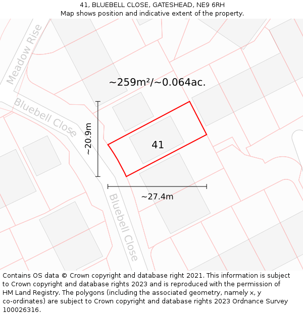 41, BLUEBELL CLOSE, GATESHEAD, NE9 6RH: Plot and title map