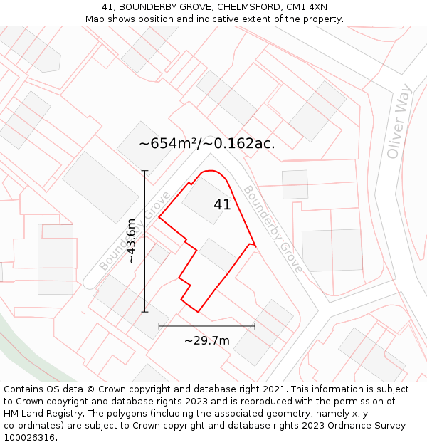 41, BOUNDERBY GROVE, CHELMSFORD, CM1 4XN: Plot and title map