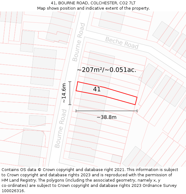 41, BOURNE ROAD, COLCHESTER, CO2 7LT: Plot and title map