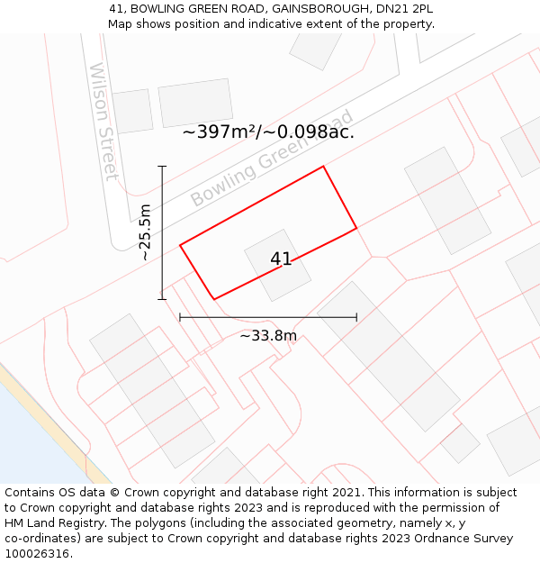 41, BOWLING GREEN ROAD, GAINSBOROUGH, DN21 2PL: Plot and title map