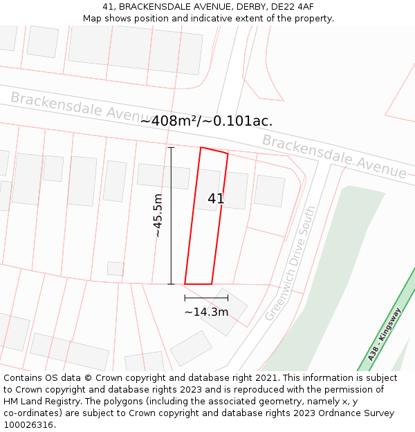 41, BRACKENSDALE AVENUE, DERBY, DE22 4AF: Plot and title map