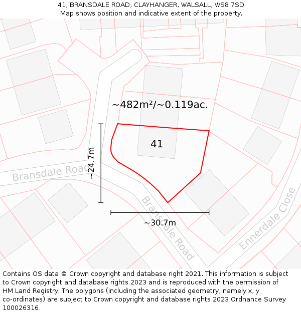 41, BRANSDALE ROAD, CLAYHANGER, WALSALL, WS8 7SD: Plot and title map