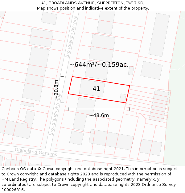 41, BROADLANDS AVENUE, SHEPPERTON, TW17 9DJ: Plot and title map