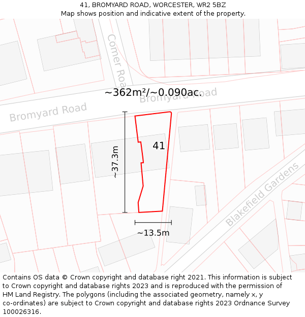 41, BROMYARD ROAD, WORCESTER, WR2 5BZ: Plot and title map