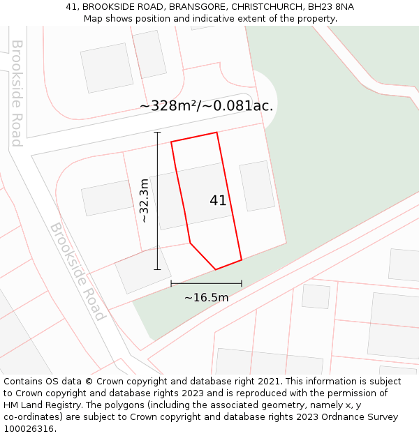 41, BROOKSIDE ROAD, BRANSGORE, CHRISTCHURCH, BH23 8NA: Plot and title map