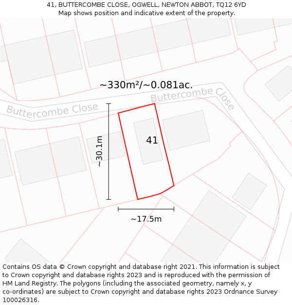 41, BUTTERCOMBE CLOSE, OGWELL, NEWTON ABBOT, TQ12 6YD: Plot and title map