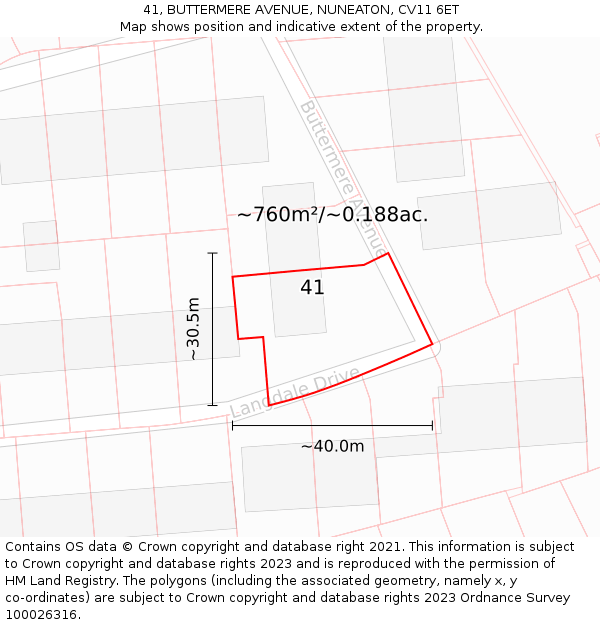41, BUTTERMERE AVENUE, NUNEATON, CV11 6ET: Plot and title map
