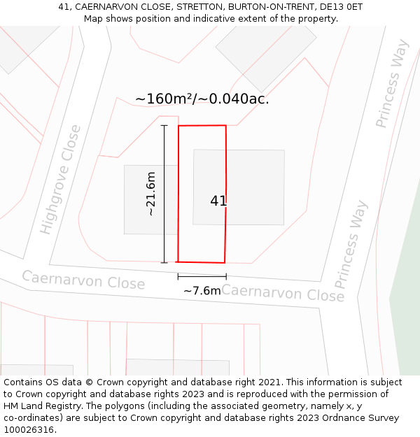 41, CAERNARVON CLOSE, STRETTON, BURTON-ON-TRENT, DE13 0ET: Plot and title map