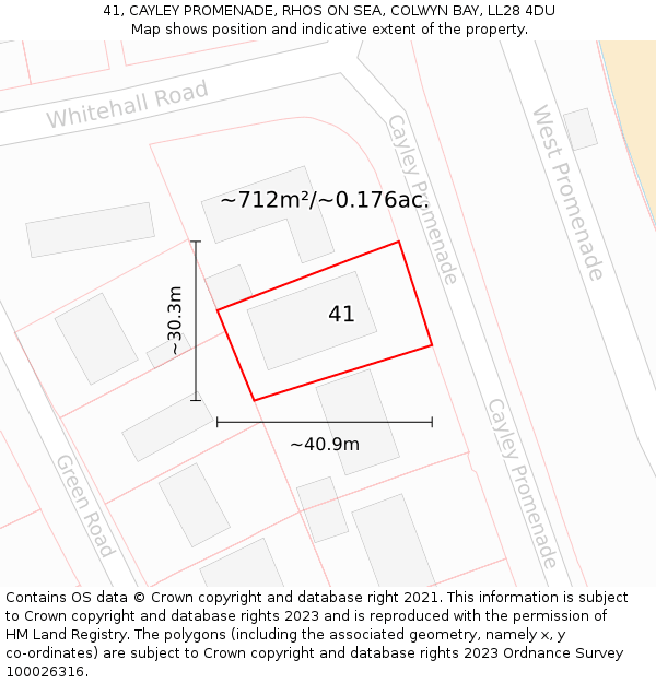 41, CAYLEY PROMENADE, RHOS ON SEA, COLWYN BAY, LL28 4DU: Plot and title map