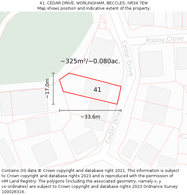 41, CEDAR DRIVE, WORLINGHAM, BECCLES, NR34 7EW: Plot and title map