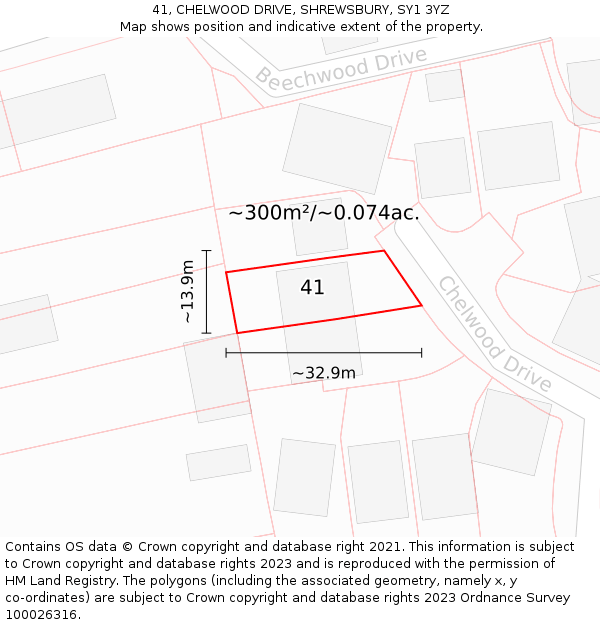 41, CHELWOOD DRIVE, SHREWSBURY, SY1 3YZ: Plot and title map
