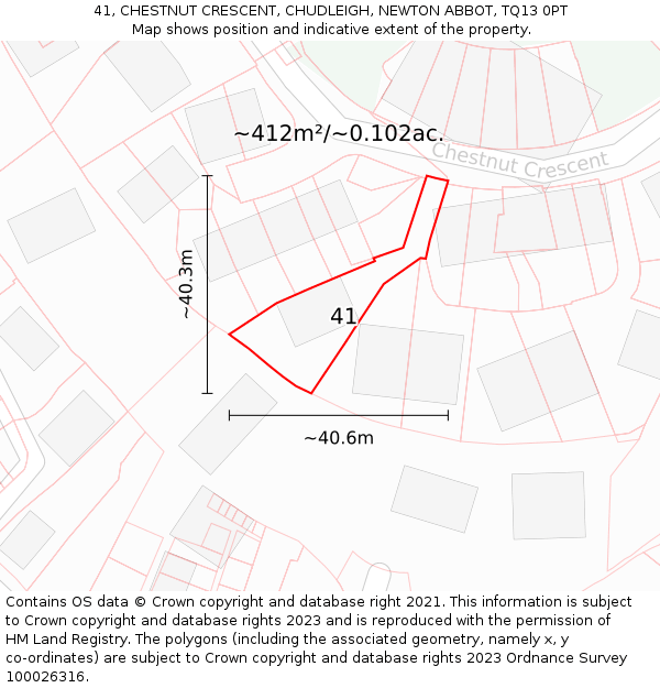 41, CHESTNUT CRESCENT, CHUDLEIGH, NEWTON ABBOT, TQ13 0PT: Plot and title map