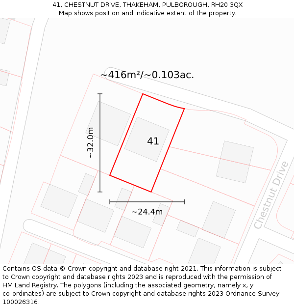 41, CHESTNUT DRIVE, THAKEHAM, PULBOROUGH, RH20 3QX: Plot and title map