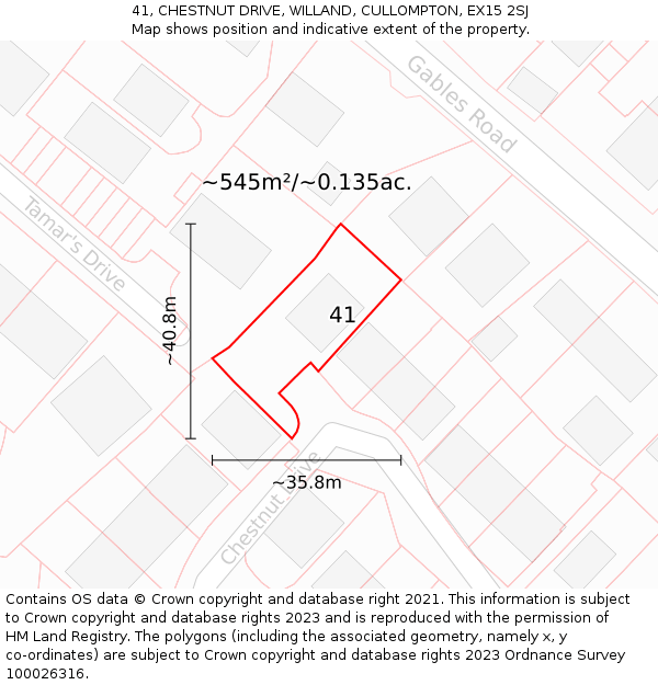 41, CHESTNUT DRIVE, WILLAND, CULLOMPTON, EX15 2SJ: Plot and title map