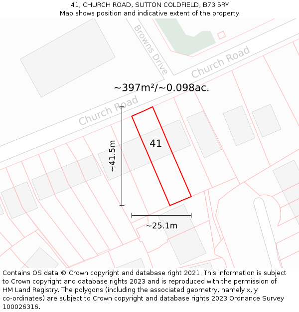 41, CHURCH ROAD, SUTTON COLDFIELD, B73 5RY: Plot and title map
