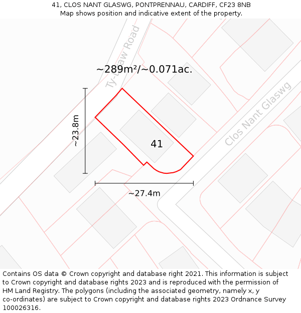 41, CLOS NANT GLASWG, PONTPRENNAU, CARDIFF, CF23 8NB: Plot and title map