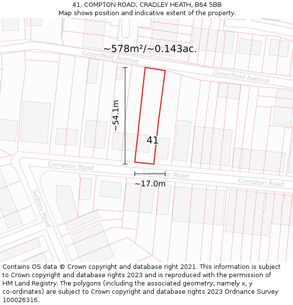 41, COMPTON ROAD, CRADLEY HEATH, B64 5BB: Plot and title map