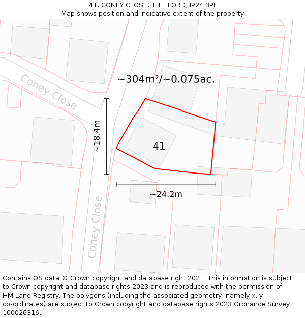 41, CONEY CLOSE, THETFORD, IP24 3PE: Plot and title map