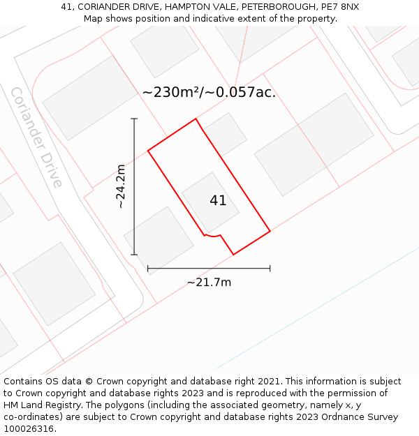 41, CORIANDER DRIVE, HAMPTON VALE, PETERBOROUGH, PE7 8NX: Plot and title map