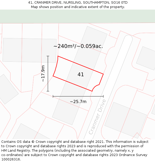 41, CRANMER DRIVE, NURSLING, SOUTHAMPTON, SO16 0TD: Plot and title map