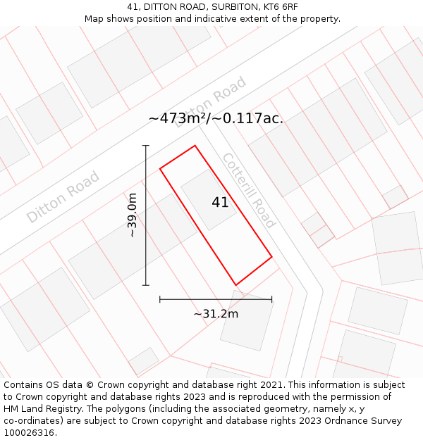 41, DITTON ROAD, SURBITON, KT6 6RF: Plot and title map