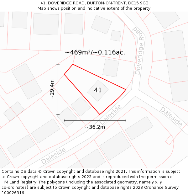 41, DOVERIDGE ROAD, BURTON-ON-TRENT, DE15 9GB: Plot and title map