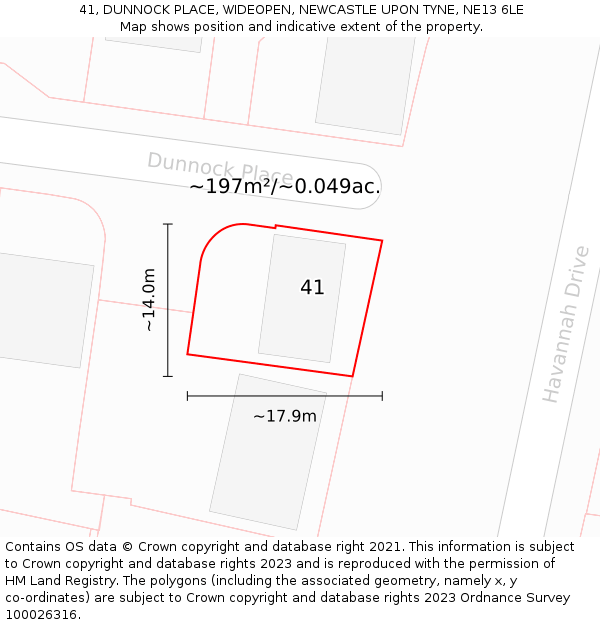 41, DUNNOCK PLACE, WIDEOPEN, NEWCASTLE UPON TYNE, NE13 6LE: Plot and title map