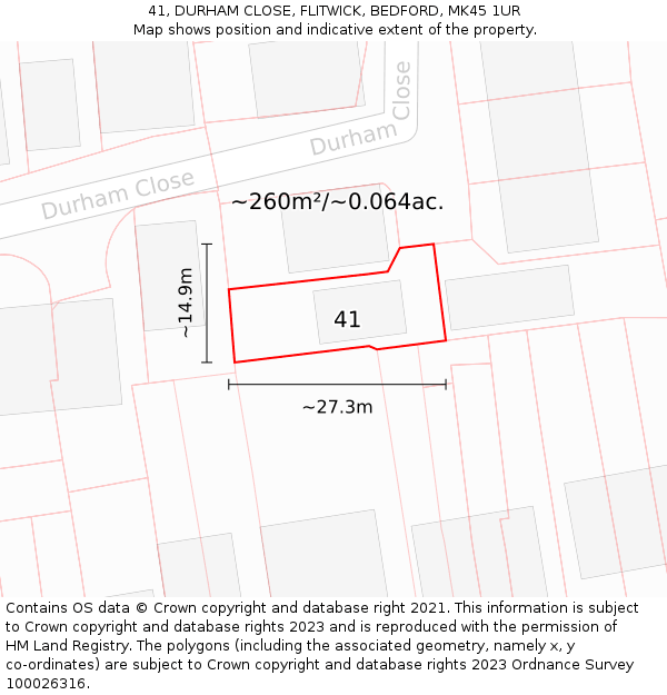 41, DURHAM CLOSE, FLITWICK, BEDFORD, MK45 1UR: Plot and title map