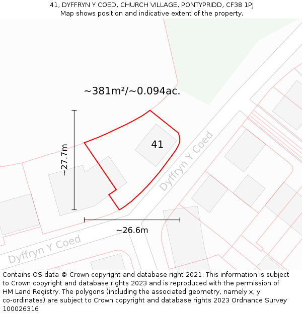 41, DYFFRYN Y COED, CHURCH VILLAGE, PONTYPRIDD, CF38 1PJ: Plot and title map