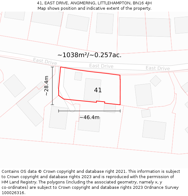 41, EAST DRIVE, ANGMERING, LITTLEHAMPTON, BN16 4JH: Plot and title map