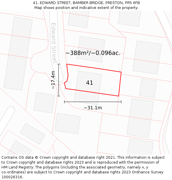 41, EDWARD STREET, BAMBER BRIDGE, PRESTON, PR5 6FB: Plot and title map