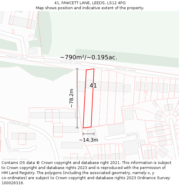 41, FAWCETT LANE, LEEDS, LS12 4PG: Plot and title map