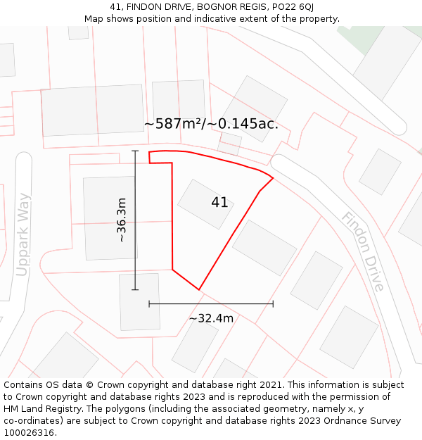 41, FINDON DRIVE, BOGNOR REGIS, PO22 6QJ: Plot and title map