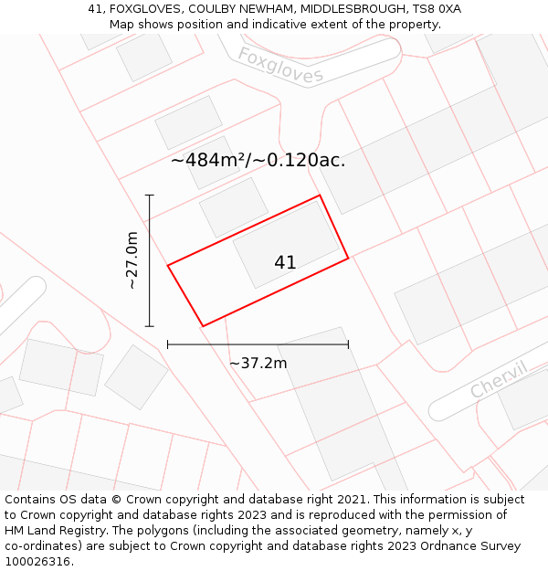 41, FOXGLOVES, COULBY NEWHAM, MIDDLESBROUGH, TS8 0XA: Plot and title map
