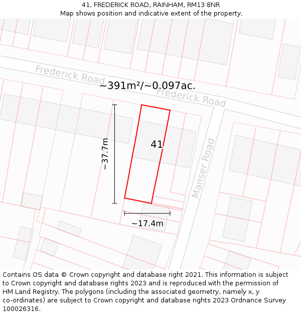 41, FREDERICK ROAD, RAINHAM, RM13 8NR: Plot and title map