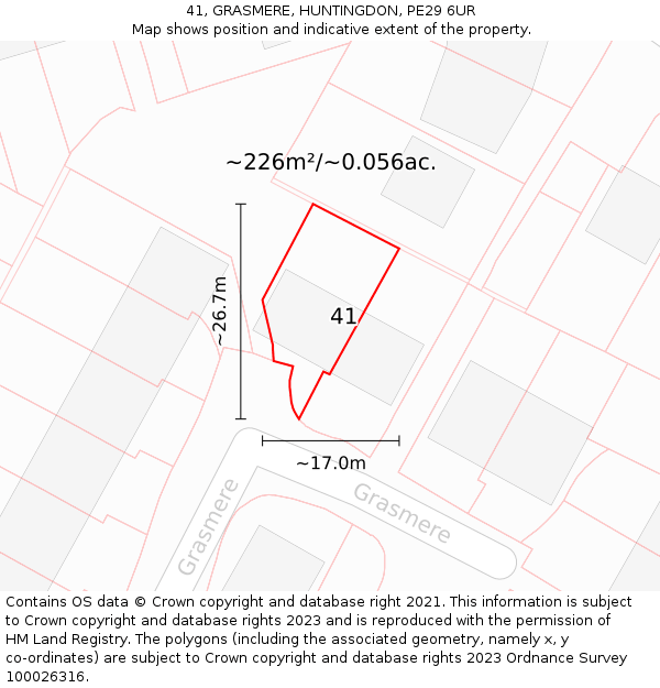 41, GRASMERE, HUNTINGDON, PE29 6UR: Plot and title map