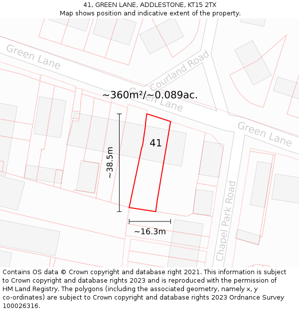 41, GREEN LANE, ADDLESTONE, KT15 2TX: Plot and title map