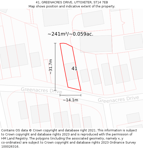41, GREENACRES DRIVE, UTTOXETER, ST14 7EB: Plot and title map