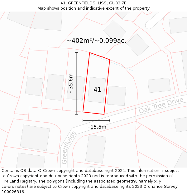 41, GREENFIELDS, LISS, GU33 7EJ: Plot and title map