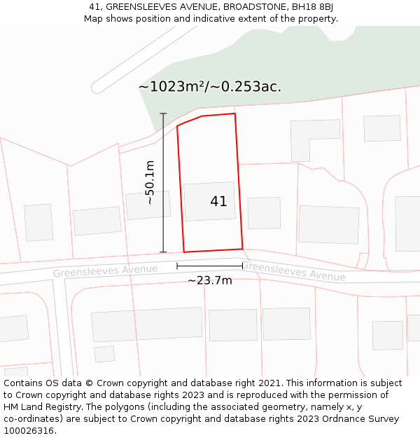 41, GREENSLEEVES AVENUE, BROADSTONE, BH18 8BJ: Plot and title map