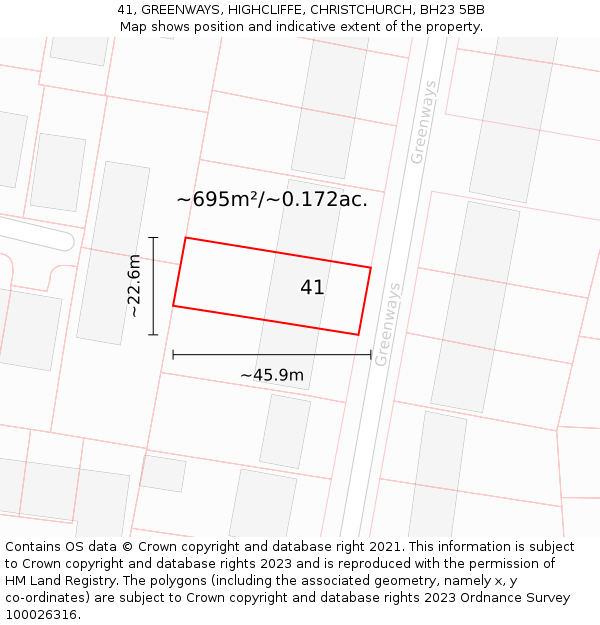 41, GREENWAYS, HIGHCLIFFE, CHRISTCHURCH, BH23 5BB: Plot and title map